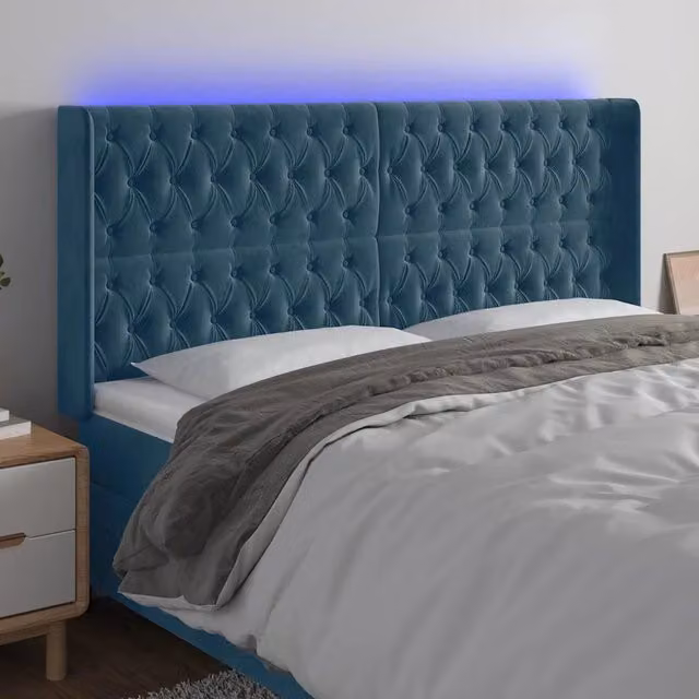 Testiera per letto vidaXL in velluto blu scuro con illuminazione LED integrata e porta di ricarica USB, L: 183 cm, P: 16 cm, H: 118-128 cm – 1