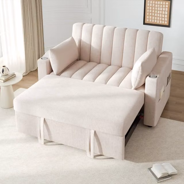 Divano letto Mivray a 2 posti beige in tessuto con schienale regolabile, portabicchieri e cuscini inclusi