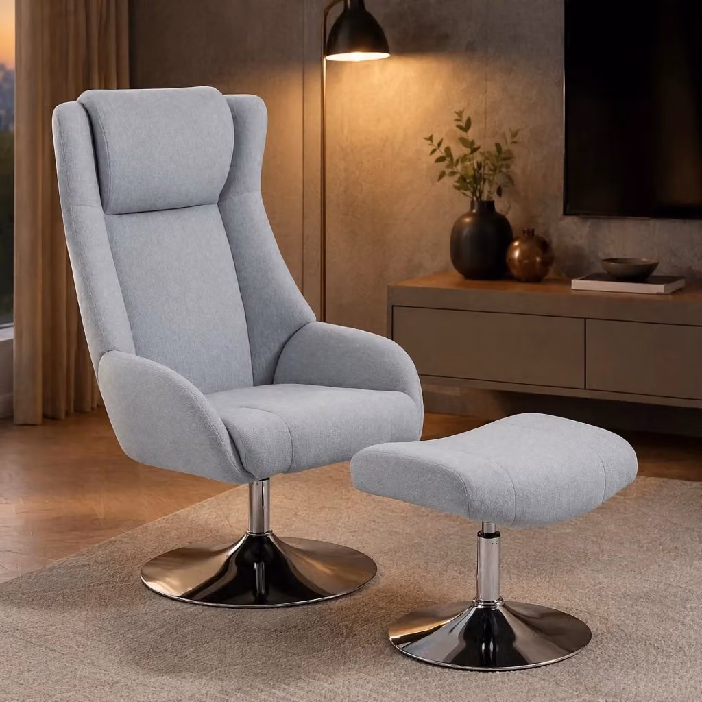 Poltrona relax girevole MIVRAY con poggiapiedi, rivestita in tessuto grigio con base in metallo, L: 118 cm, P: 68 cm, H: 84 cm – 2