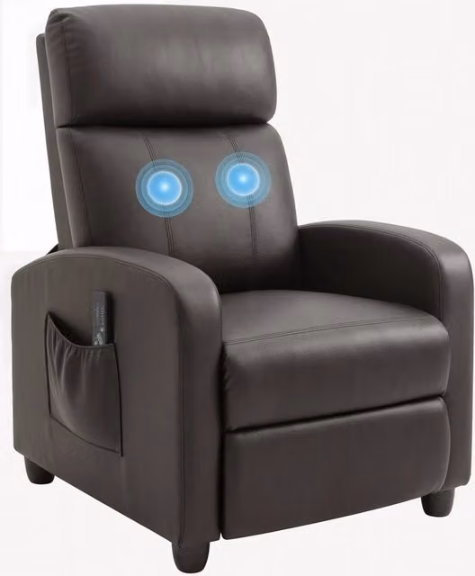Poltrona relax massaggiante reclinabile in pelle PU marrone con telecomando 8 programmi e poggiapiedi per casa 68x88x98cm