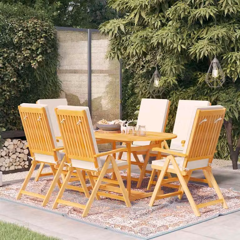 Set da pranzo da giardino vidaXL in legno di teak con 7 pezzi e cuscini, colore marrone e bianco