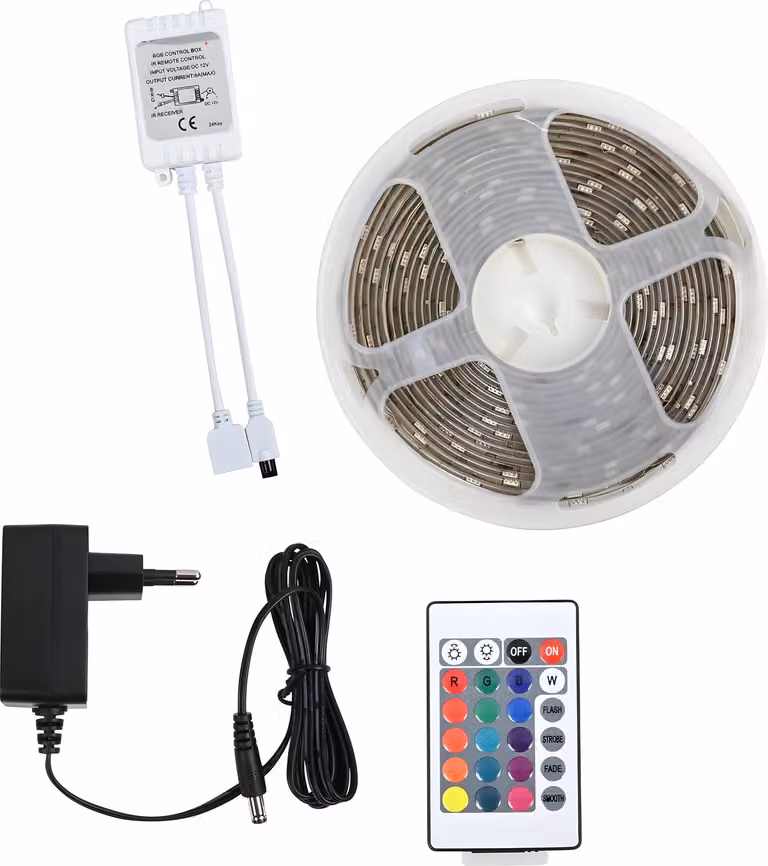 Striscia LED flessibile (impermeabile, 5 metri, multicolore RGB) con adattatore e telecomando