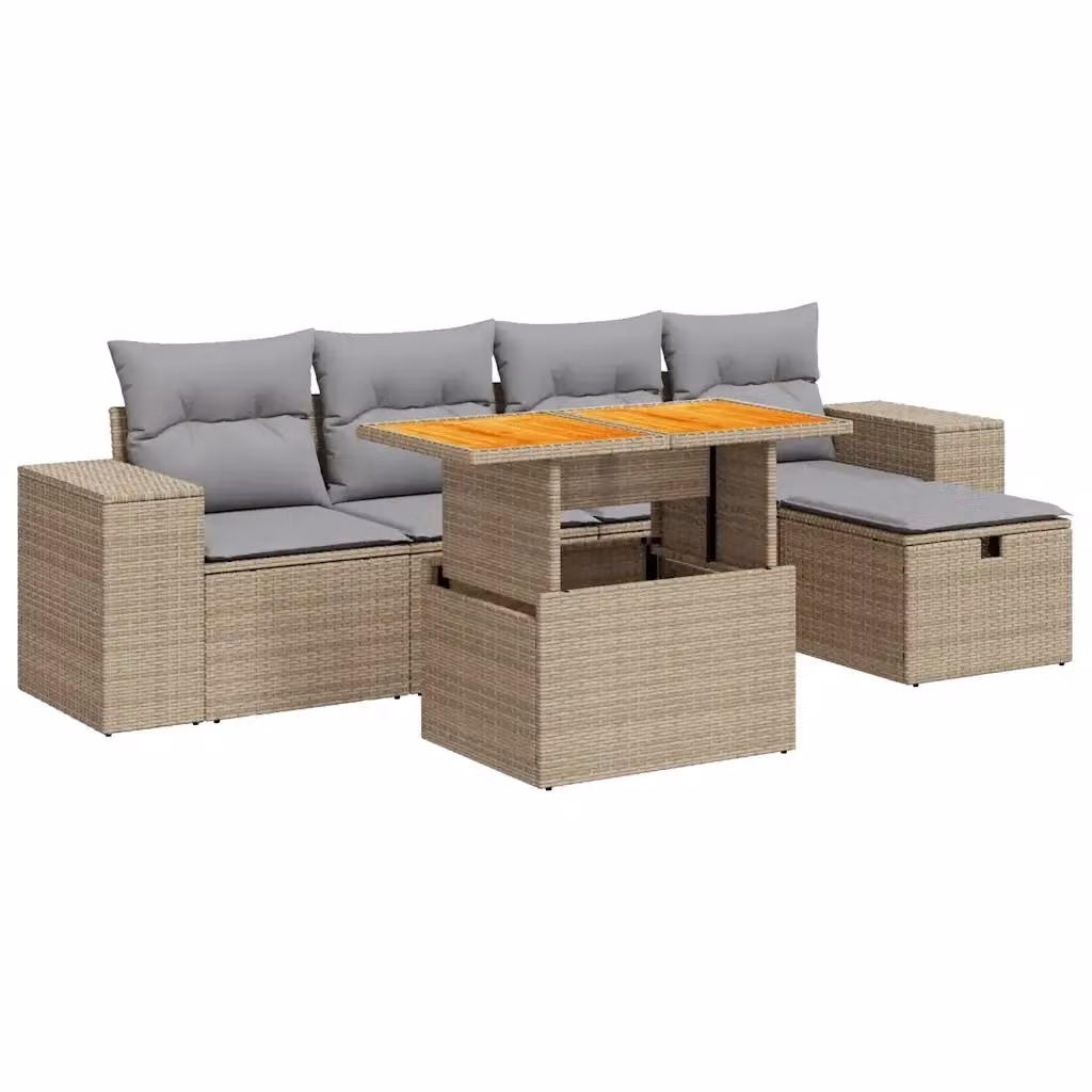 Set Divano da Giardino 6 pz vidaXL in Polyrattan e Legno di Acacia Olio con Cuscini Beige e Grigio – 2