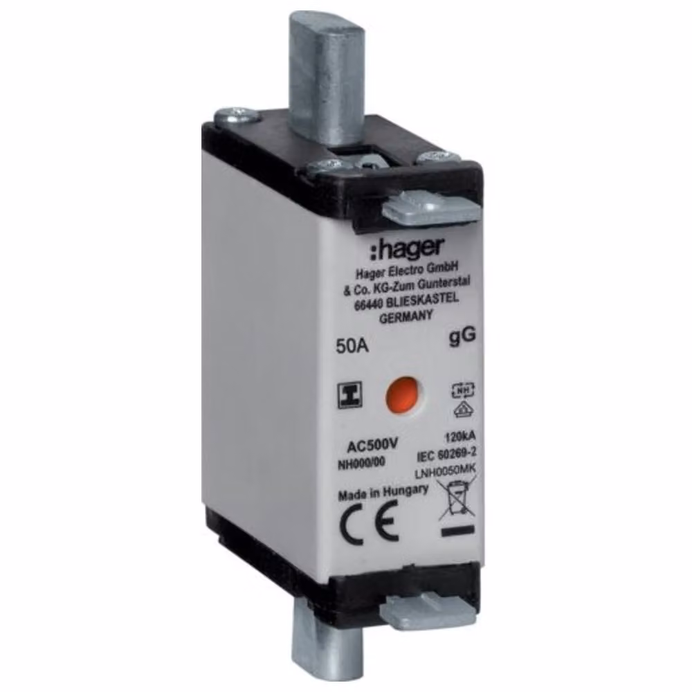3 unità Fusibili Hager NH NH000 gG, 500 V, linguetta di presa isolata, 50 A LNH0050MK
