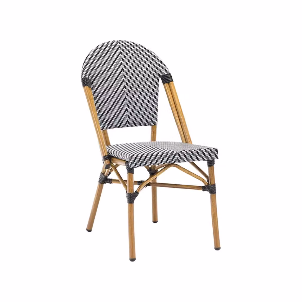 Set di 2 sedie da terrazza e giardino SWEEEK in alluminio verniciato a polvere e tessuto textilene con motivo geometrico retro, impilabili, bianco e nero – 2