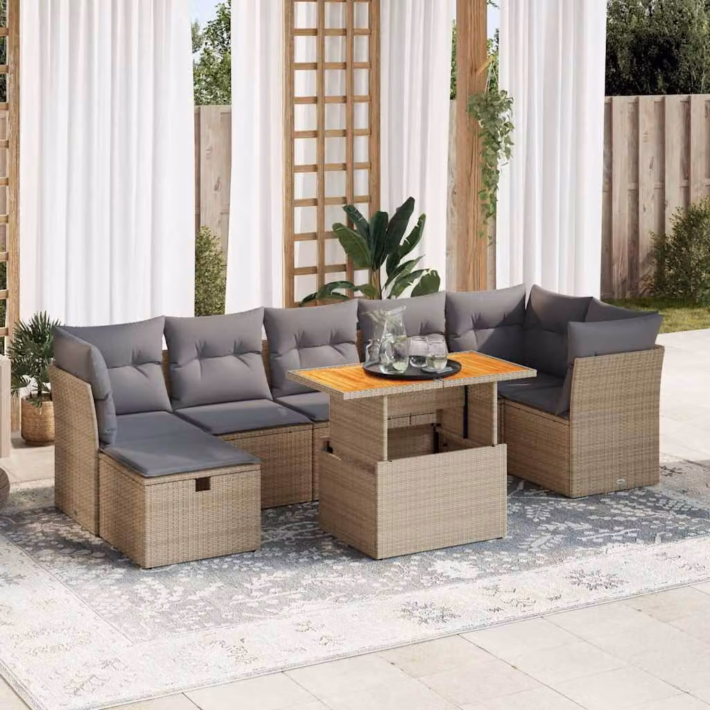 Set Divano da Giardino vidaXL 8 pz in Polyrattan con Cuscini Beige e Tavolino, Design Moderno a L con Ottoman e Struttura in Metallo
