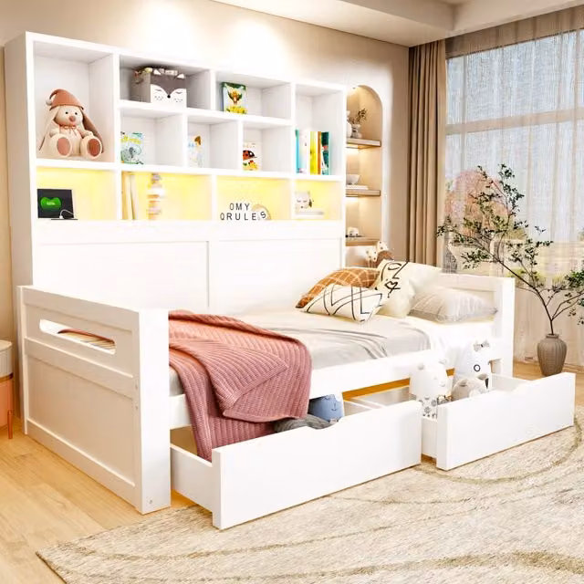 Letto multifunzione 90x200 cm con LED; contenitore e cassetti; bianco