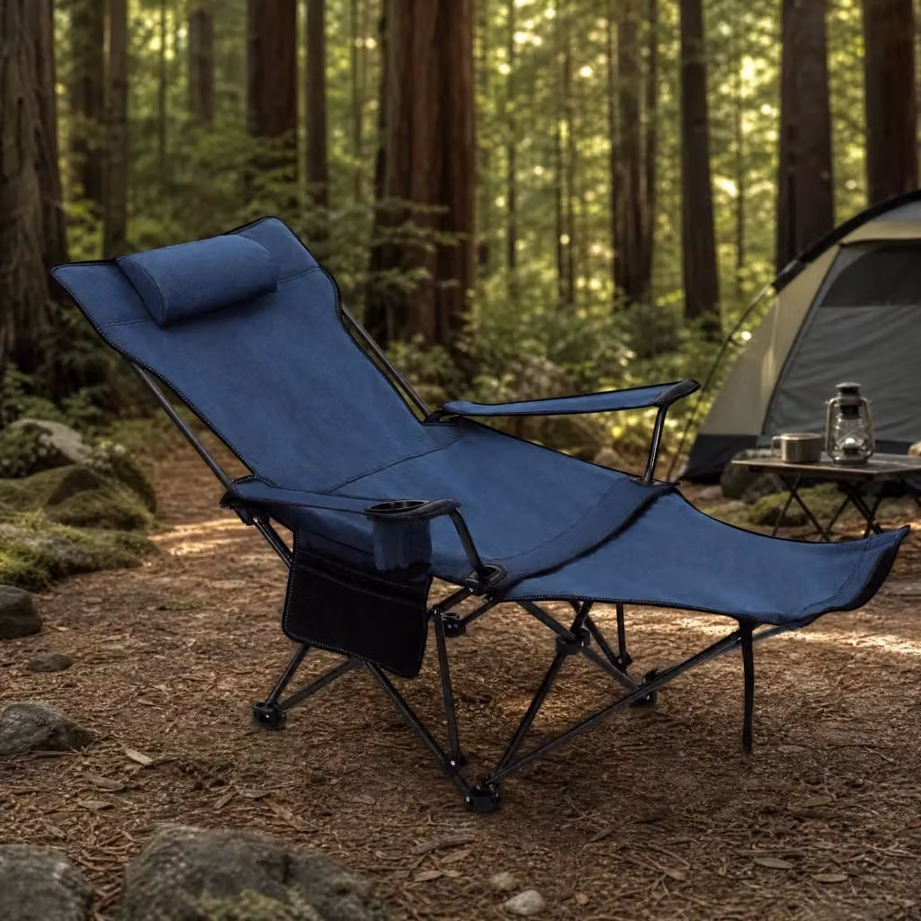 Sedia pieghevole reclinabile da campeggio FOLYNA in tessuto Oxford blu con poggiapiedi, braccioli e portabicchieri, portata 150 kg, L/P/H: 115 x 84 x 88.5 cm – 2
