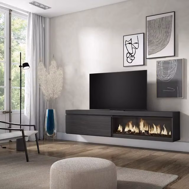Mobile TV Soggiorno, 208x35x45cm, Per TV fino a 80", Camino elettrico XXL, da appendere, Nero RF3263