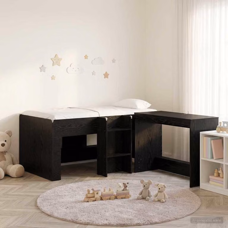 Letto a soppalco esclusivo con scrivania per bambini, 2 pezzi, impiallacciatura di noce nera