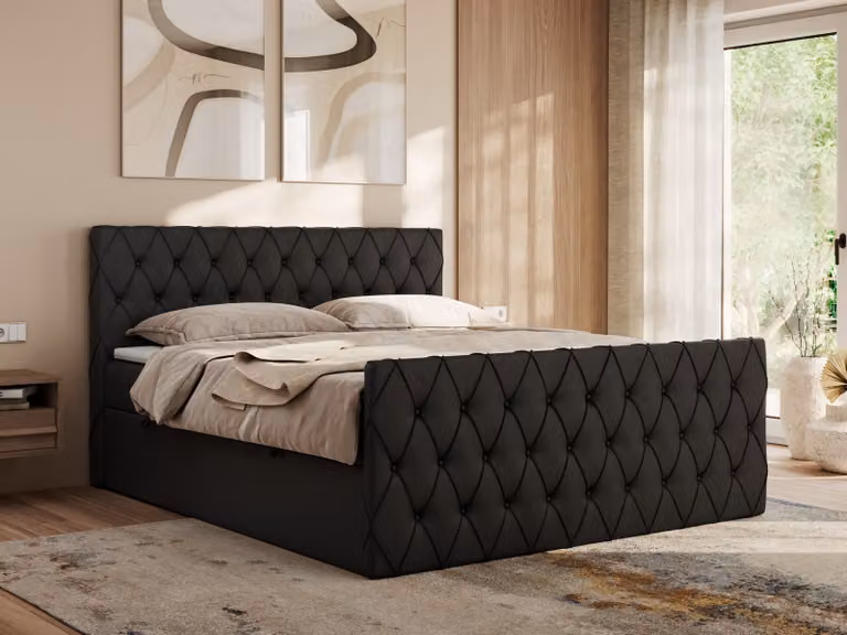 Letto boxspring MKS MEBLE 200x200 con contenitore, letto 200x200 con materasso H4, letto boxspring 200x200 con topper - Miren Duo - Pelle finta nera - H4