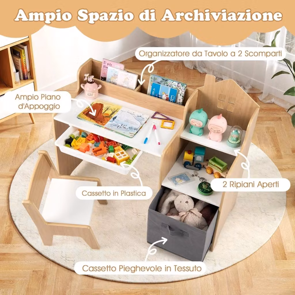 Set Scrivania e Sedia per Bambini Costway in Legno con Cassetti, Tavolo e Seggiola per Cameretta, Colore Beige – 2
