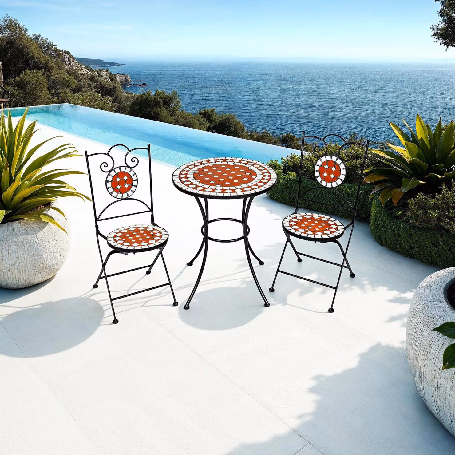 Set di tavolo e 2 sedie TecTake con piano in mosaico ceramico e struttura in acciaio marrone, Tavolo Ø 60 cm – 3
