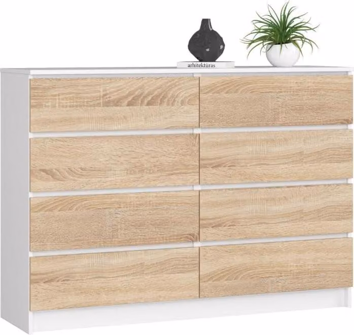 BDW, cassettiera con 8 cassetti, 138x40x99 cm, K140, bianco / rovere Sonoma