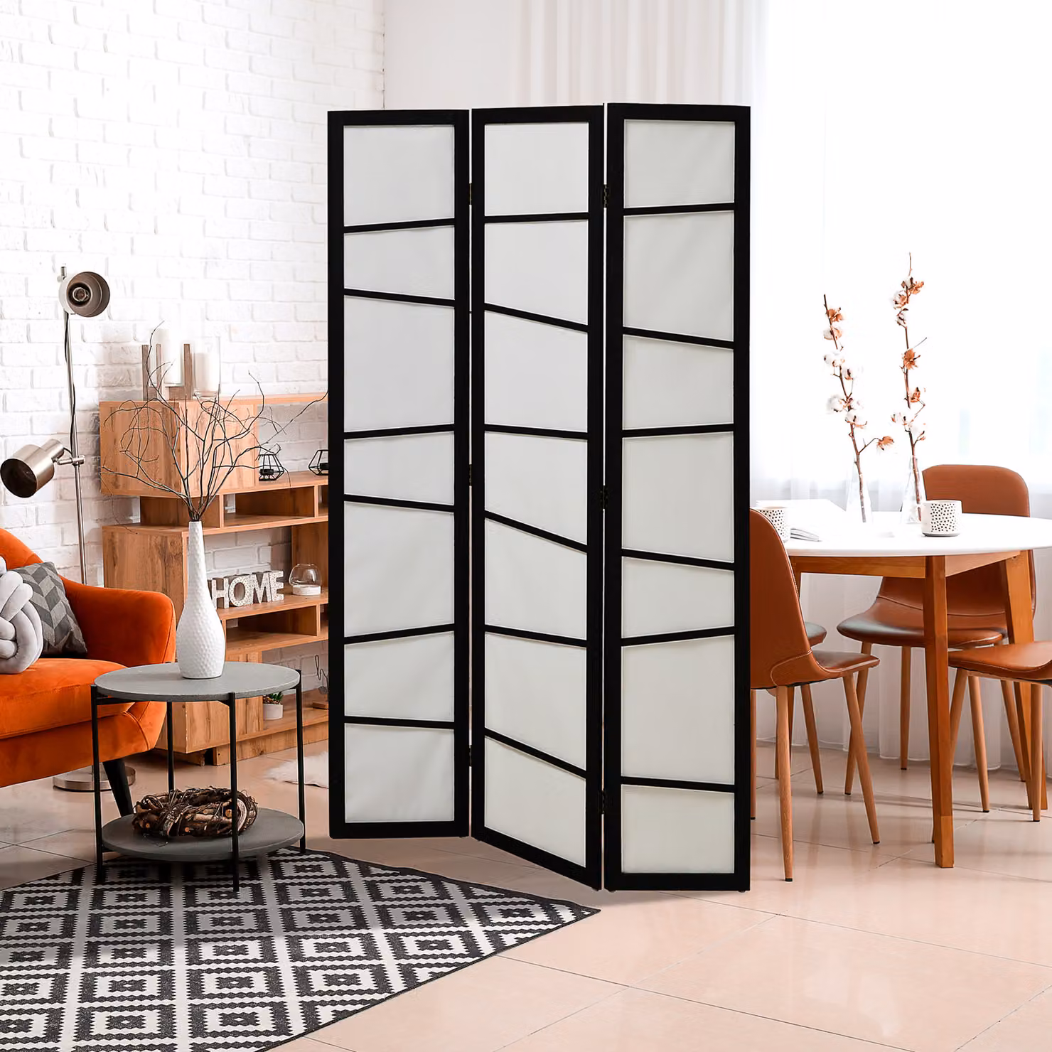 Paravento Separè Moderno HOMCOM a 3 Pannelli Pieghevole in Legno con Design Geometrico Matt, Nero e Bianco, H: 170 cm, L: 120 cm – 2
