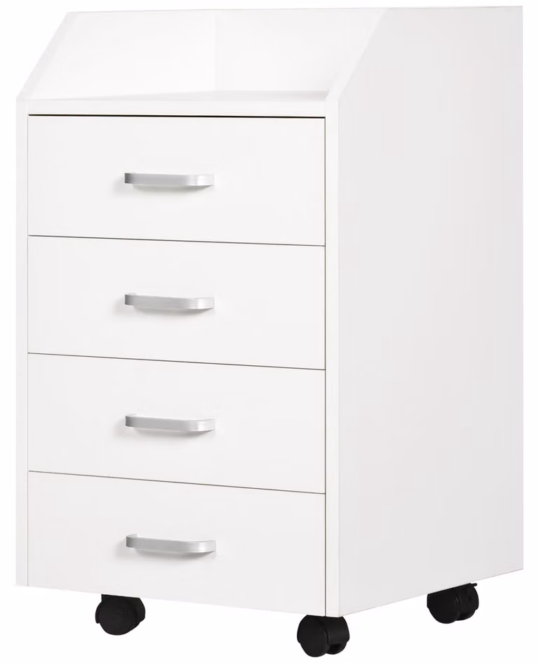 Cassettiera da Ufficio con 4 Cassetti Ruote e Bordi Rialzati 40x36x65 cm in Legno Bianco