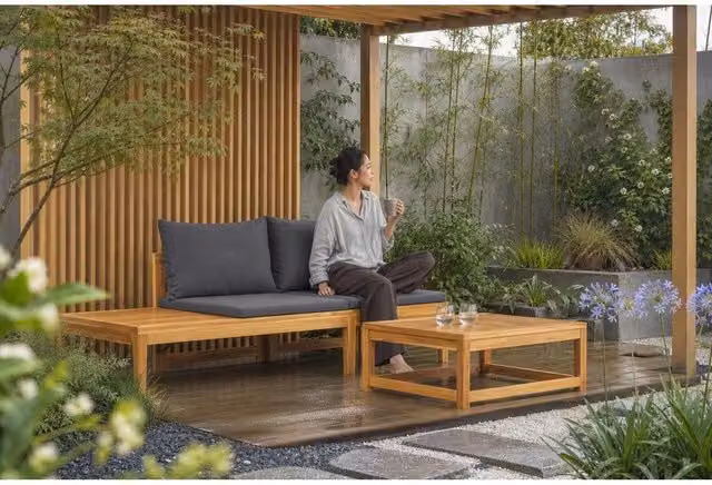Garden Bench With Table & Dark Grey Cushions, Solid Acacia Wood