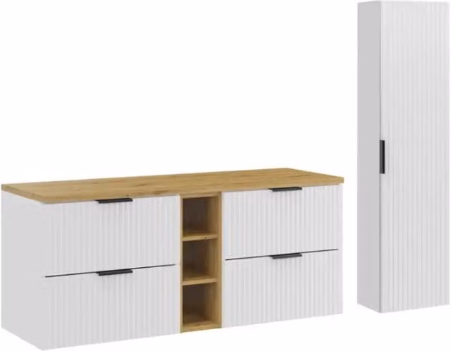 Set da bagno NOXERA Meublorama composto da mobile sottolavello sospeso e pensile, colore bianco e beige con finitura rovere, L: 140 cm