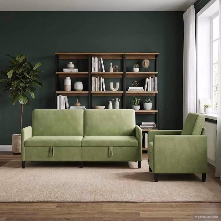 Set di 2 divani moderni vidaXL con contenitore, rivestimento in tessuto verde, seduta apribile e coperture rimovibili