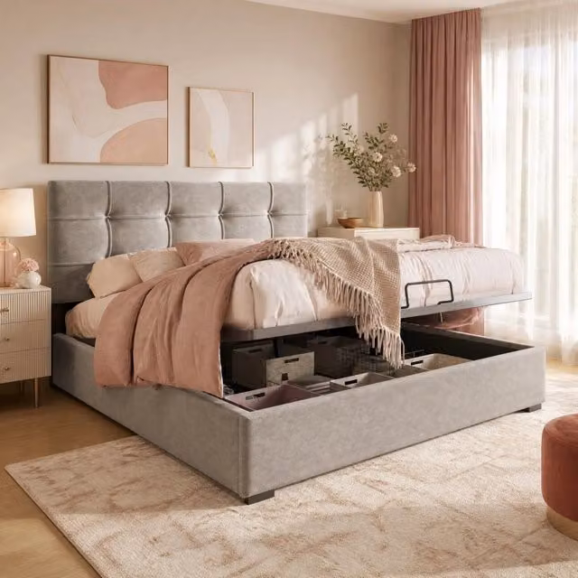 Letto contenitore Mivray con testiera regolabile imbottita in velluto grigio e rete a doghe L/P: 140 x 200 cm