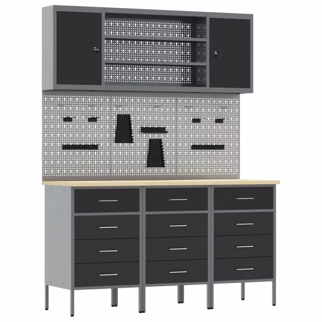 Set da lavoro vidaXL composto da 7 pezzi in legno ingegnerizzato e acciaio, colore nero, con chiusura di sicurezza – 2