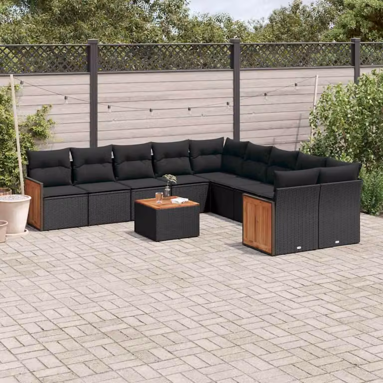 vidaXL Set Divani da Giardino 11 pz a Forma a L con Cuscini, Polyrattan e Legno di Acacia, Nero