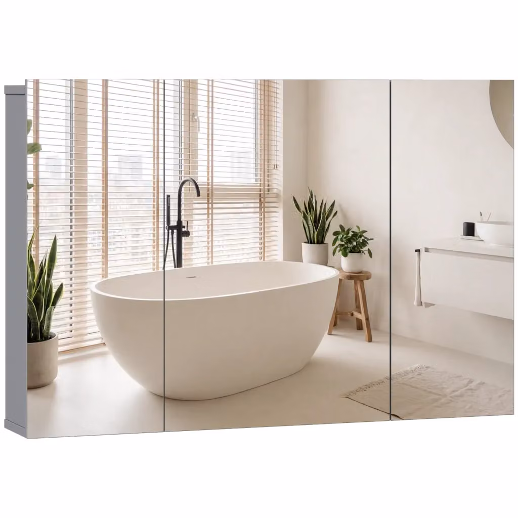 Specchio Armadietto da Bagno Minimal Grigio con Illuminazione LED e Ante Soft Close L: 60 cm, P: 30 cm, H: 15 cm – 2
