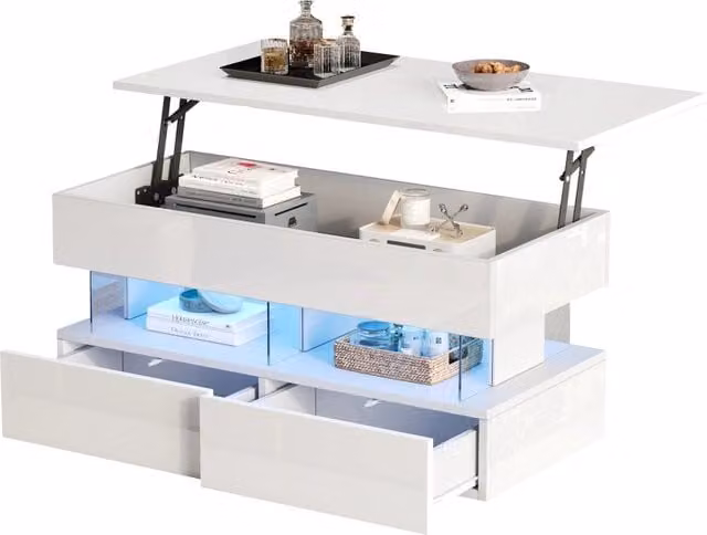 Tavolino da soggiorno REDOM bianco lucido in MDF con piano sollevabile e meccanismo lift, L: 100 cm, P: 50 cm, H: 46 cm