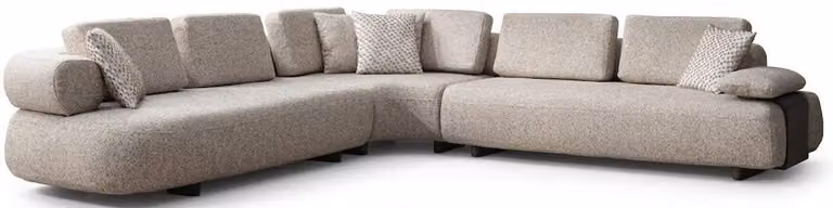 Divano ad angolo a forma di "L", color beige, comodo, confortevole, di stile moderno, pratico, spazioso