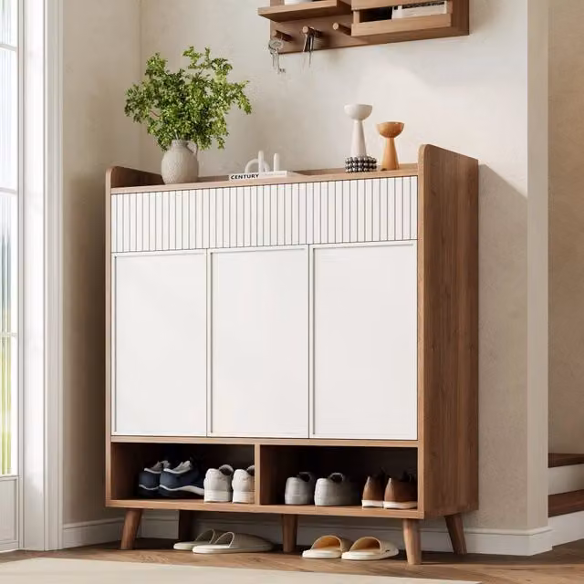 Scarpiera con 3 ante; 2 cassetti e ripiani regolabili 90x35x100 cm; bianca e naturale