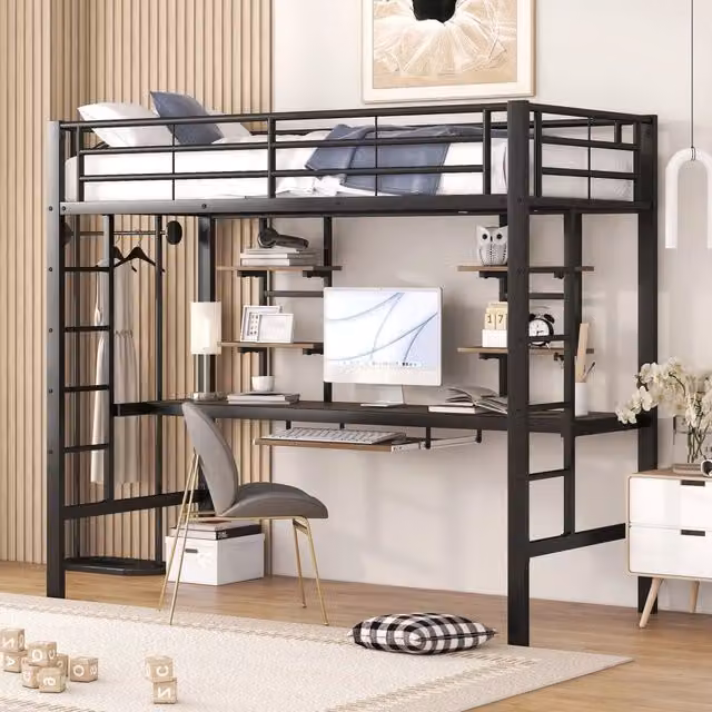 Letto a soppalco 90x200 cm con scrivania e due librerie in metallo nero
