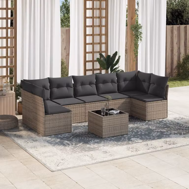 vidaXL Set Divano da Giardino a L 8 pz con Tavolino e Cuscini Grigio in Polyrattan e Acciaio