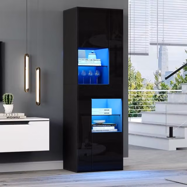 Vetrina da soggiorno con LED e 11 vani 1 cassetto 4 armadietti in truciolare nero 55 × 38 × 170 cm