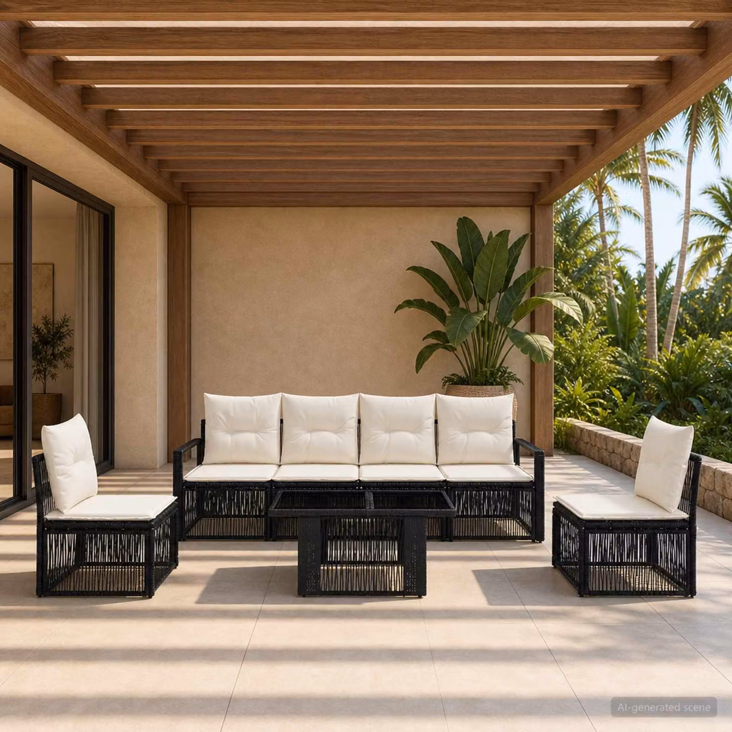Set Divano da Giardino vidaXL 7 Pezzi in Polyrattan Nero e Bianco Crema con Cuscini e Tavolino da Esterno
