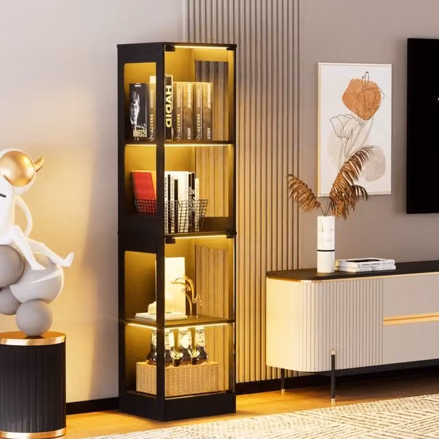 Vetrina REDOM moderna con ante in vetro e illuminazione LED integrata, colore Acacia Wood, L 40 cm x P 35 cm x H 165 cm