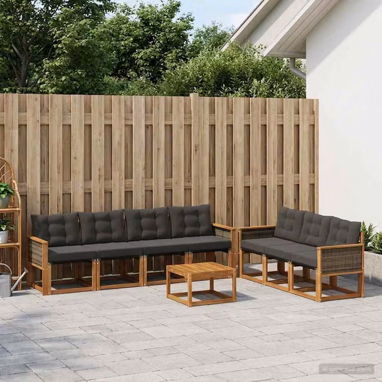 Set di divani da esterno vidaXL 8 pz in legno di acacia con cuscini e tavolino, colore nero e marrone
