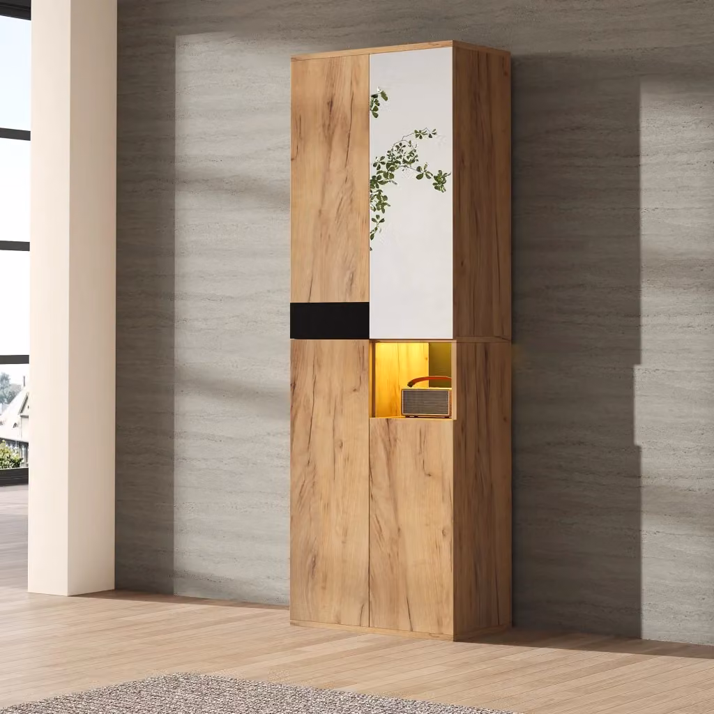 Armadio moderno con specchio e nicchia aperta per ingresso o camera da letto, 4 ante, finitura nero e marrone, L: 65 cm, P: 35 cm, H: 190 cm – 2