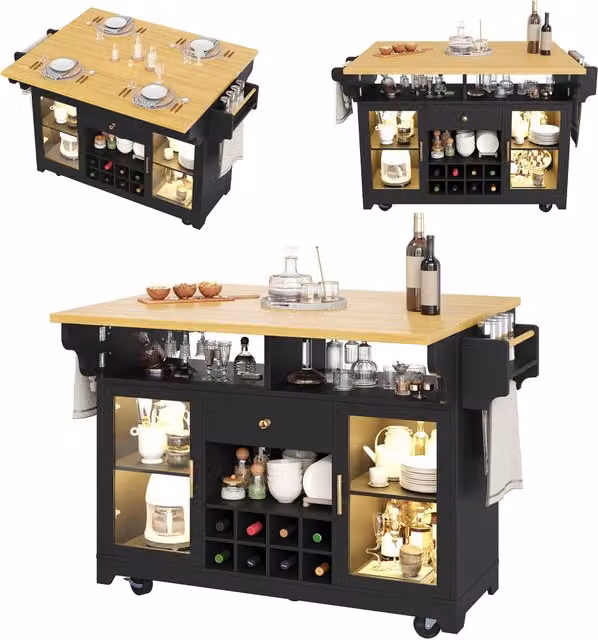 Carrello da cucina con doppio piano pieghevole; 120 x 40/80 x 95 cm; LED RGB; ripiani regolabili; MDF e metallo; nero