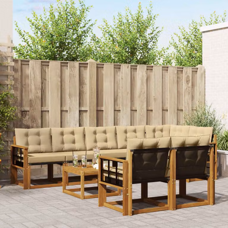 vidaXL Set di divani da esterno 9 pz in legno di acacia e textilene, colore beige e naturale, con elementi angolari, tavolino da caffè e cuscini inclusi