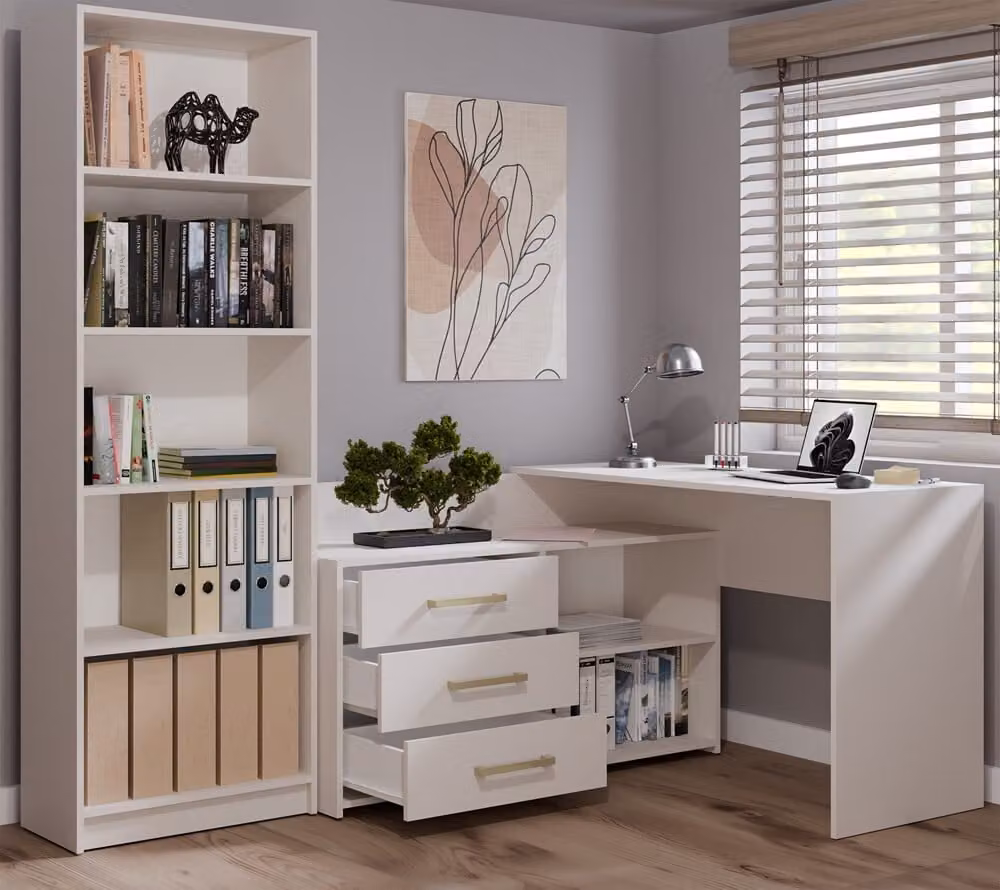 Scrivania angolare funzionale DANY da 120 cm con 3 cassetti e spazio contenitivo