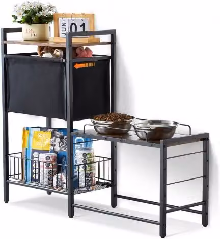 VEVOR Supporto per Alimentazione Animali Domestici con Contenitore e Ripiani Portaoggetti, Colore Nero, L/P/H: 92 x 27 x 75 cm