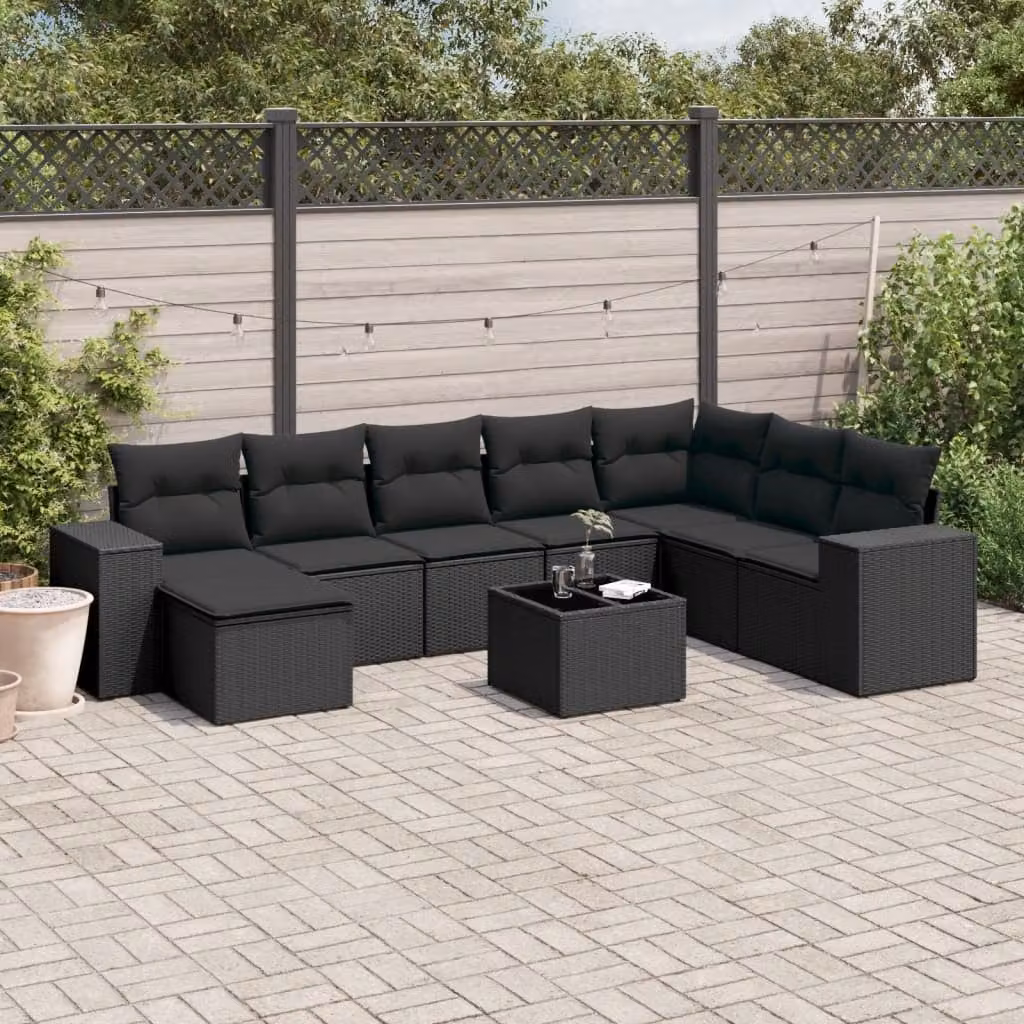 vidaXL Set Divani da Giardino a L 9 pz in Polyrattan Nero con Cuscini e Tavolino da Esterno – 1
