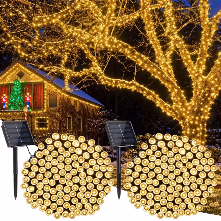 Catena luminosa solare, 20 metri, 200 LED, luce bianco caldo, 8 modalità, grado di protezione IP65