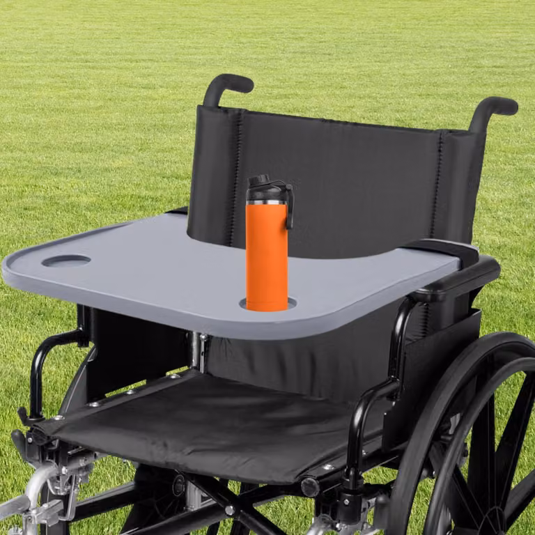Vassoio multifunzionale per sedia a rotelle/letto - Tavolino da letto - Regolabile - Con portabicchieri - Rettangolare - Montaggio semplice - Beige