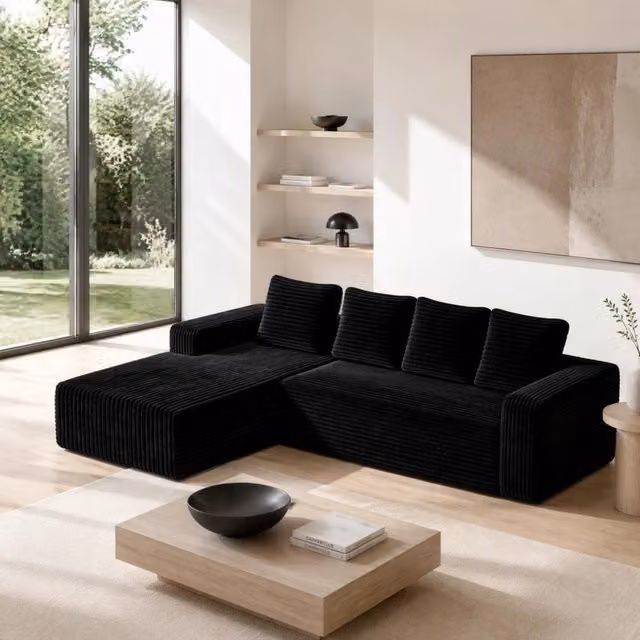 Divano L modulare 261x168x58 cm in tessuto nero, senza montaggio, per spazi piccoli –
