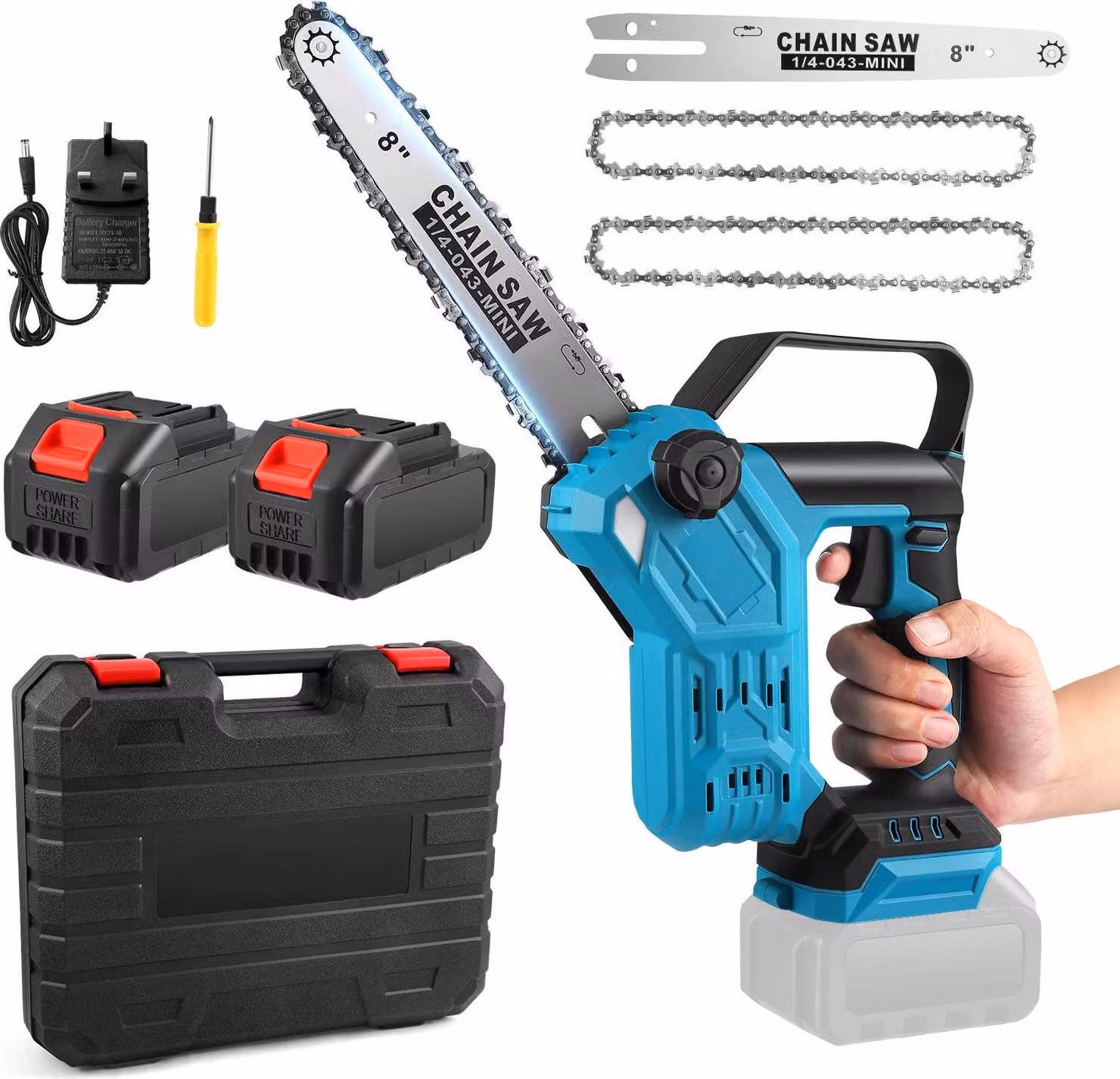 Mini motosega da 20 cm - Motosega a batteria - Lubrificazione automatica della catena - 2 batterie da 3,0 Ah incluse - Giardinaggio e taglio della legna - Blu