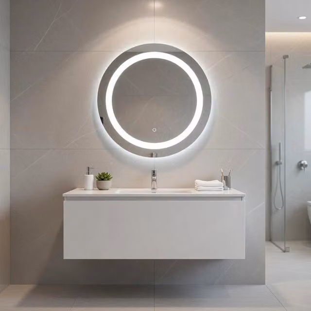 Specchio rotondo con illuminazione LED e touch switch modello OTTAVIANO di Taco, colore bianco, Diametro: 60 cm