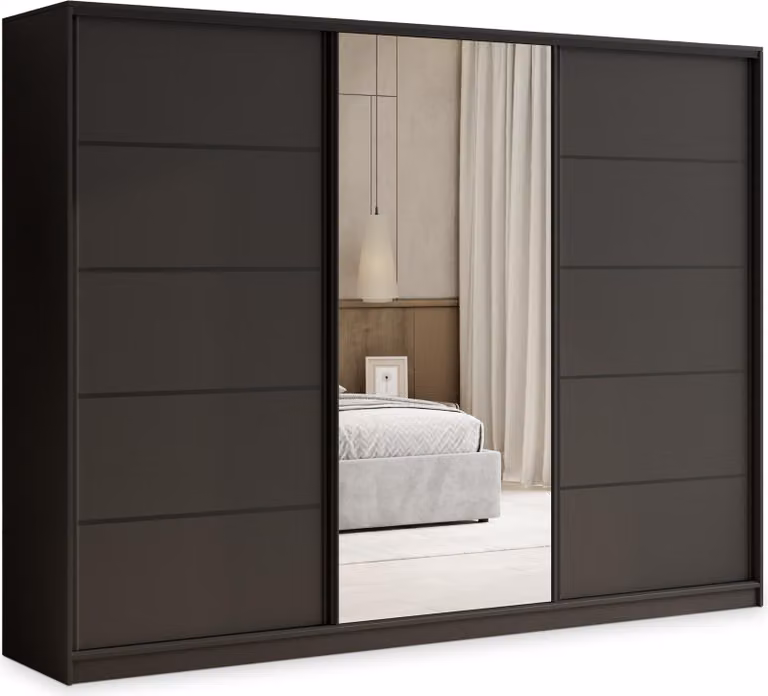 Armadio scorrevole Masseno PINA 235/205/58 cm Armadio con 4 cassetti Armadio per camera da letto a 3 ante con specchio Nero