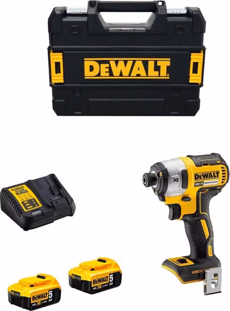Avvitatore ad impulsi DeWalt DCF887P2 giallo con 2 batterie da 5,0 Ah e caricabatterie DCB115 e sistema TSTAK II