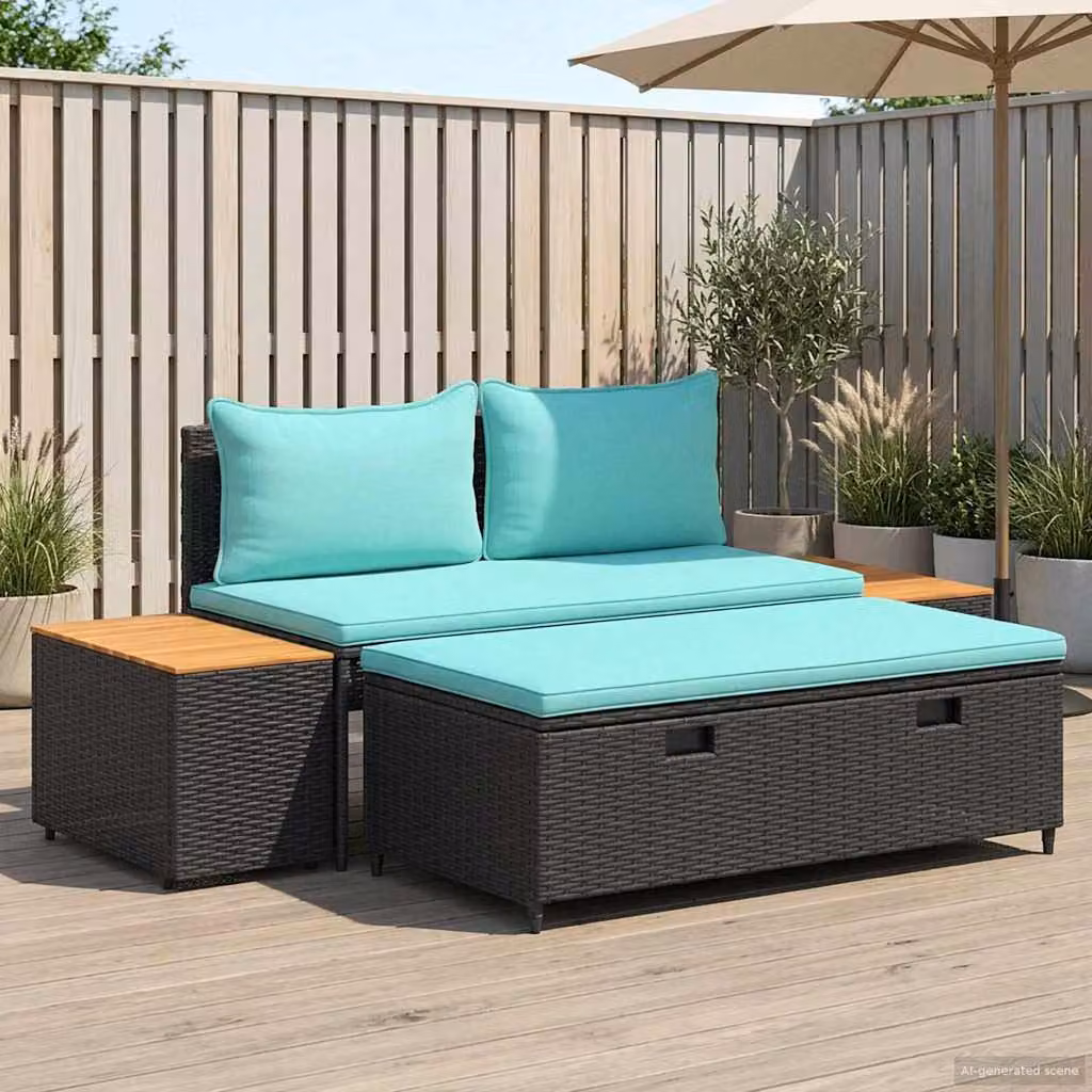 Set di divani da esterno vidaXL a 4 posti con cuscini, struttura in acciaio e legno di acacia, colori nero e turchese